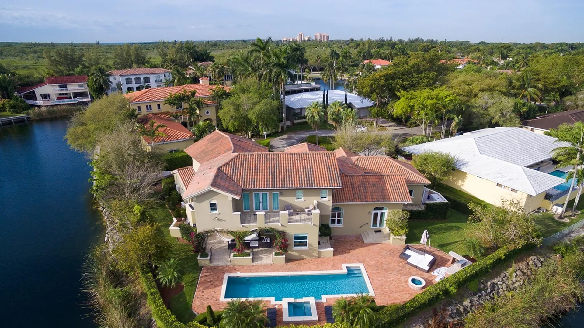 Aerial view of a luxury South Florida waterfront estate